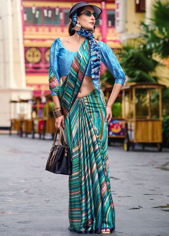 Multicolor Digital Print Satin Saree