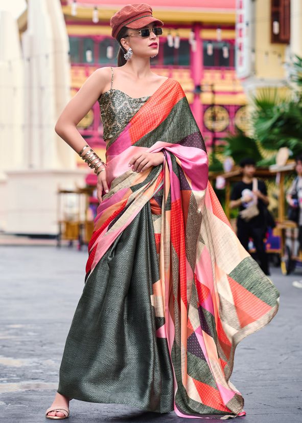 Multicolor Digital Print Satin Saree