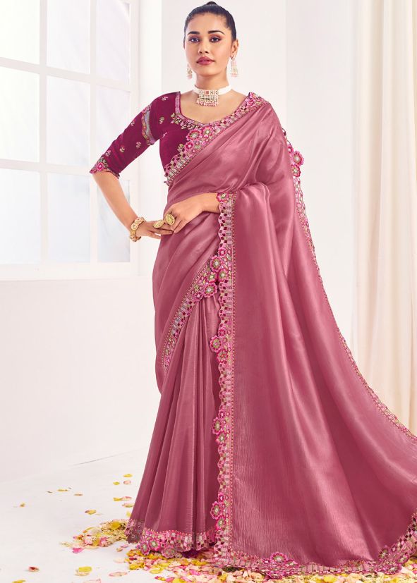 Pink Silk Saree With Embroidered Border