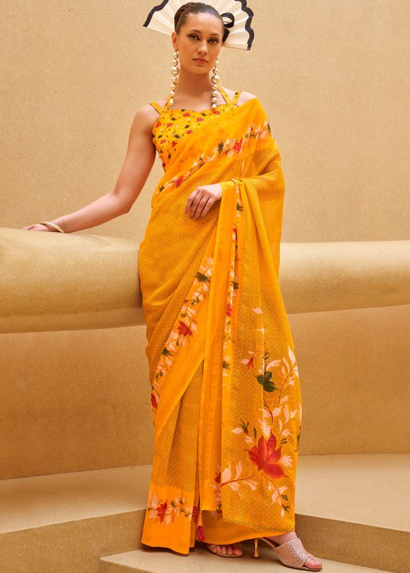 Yellow Digital Printed Saree In Georgette