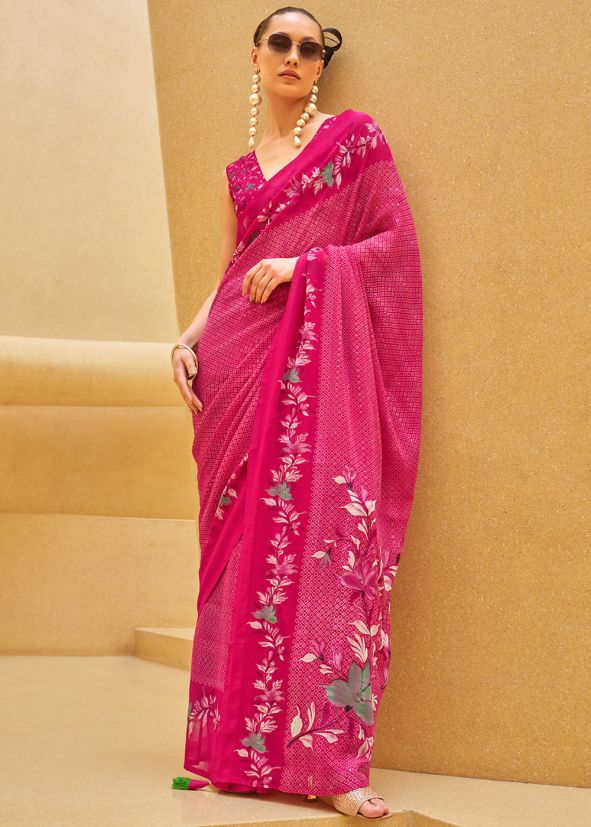 Pink Digital Print Saree In Georgette