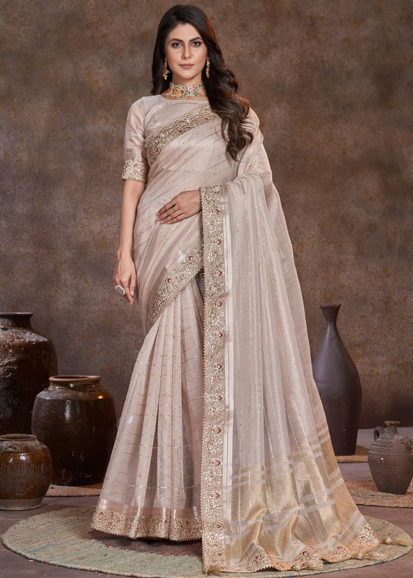 Beige Embroidered Silk Saree
