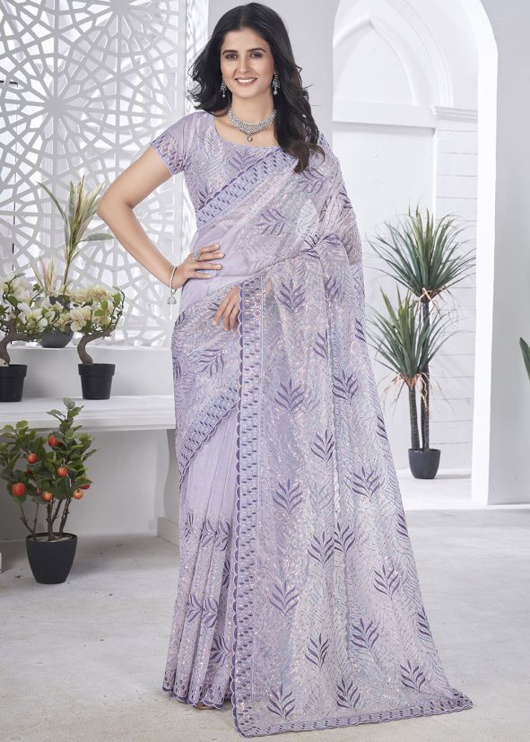 Lavender Net Embroidered Saree
