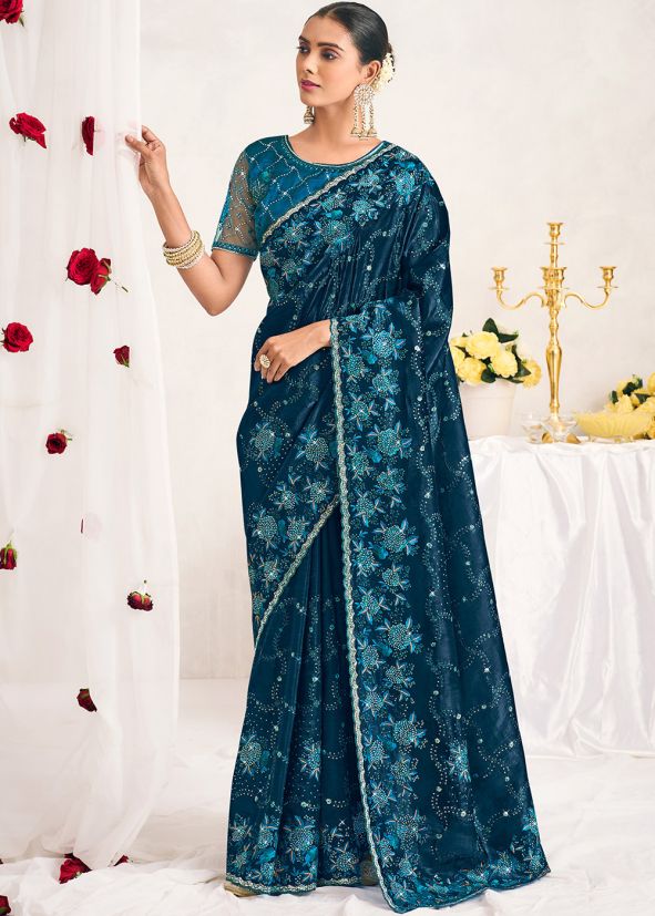 Blue Thread Embroidered Silk Saree