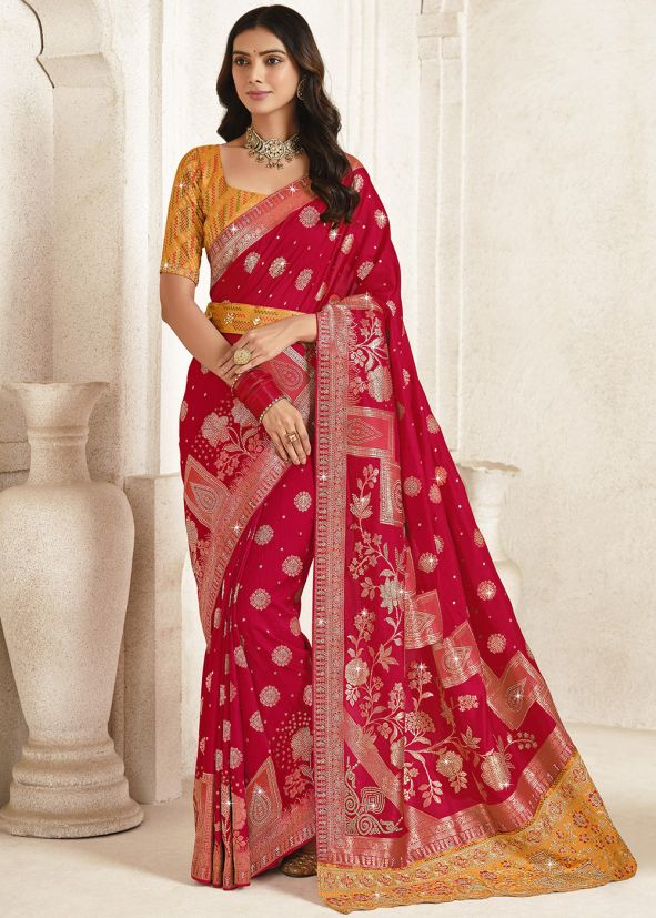 Red Silk Saree In Woven Work