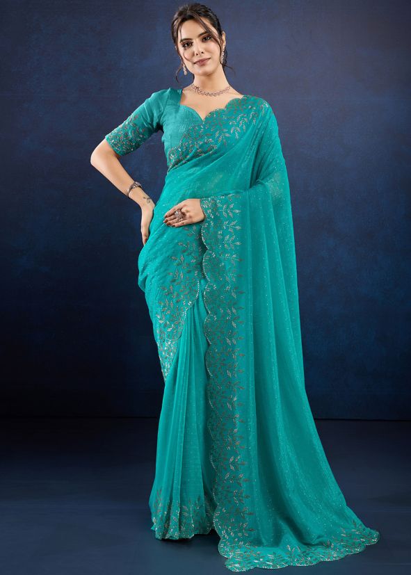 Blue Stone Work Saree In Silk