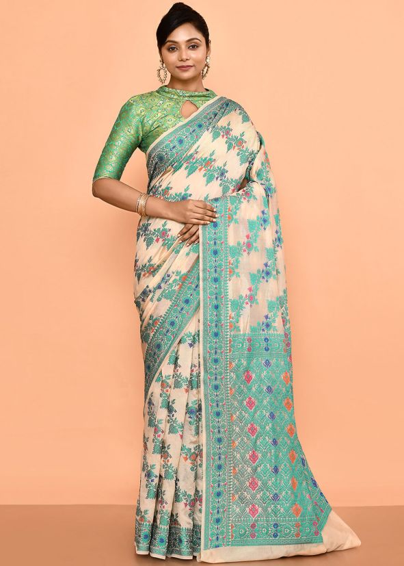 Peach Silk Saree In Woven Work