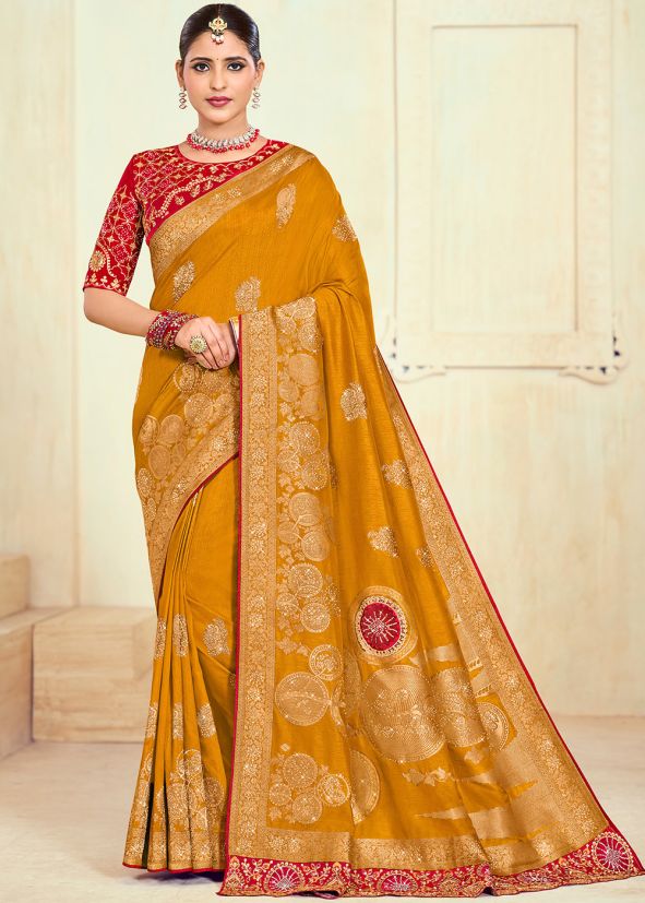 Yellow Stone Work Saree In Silk