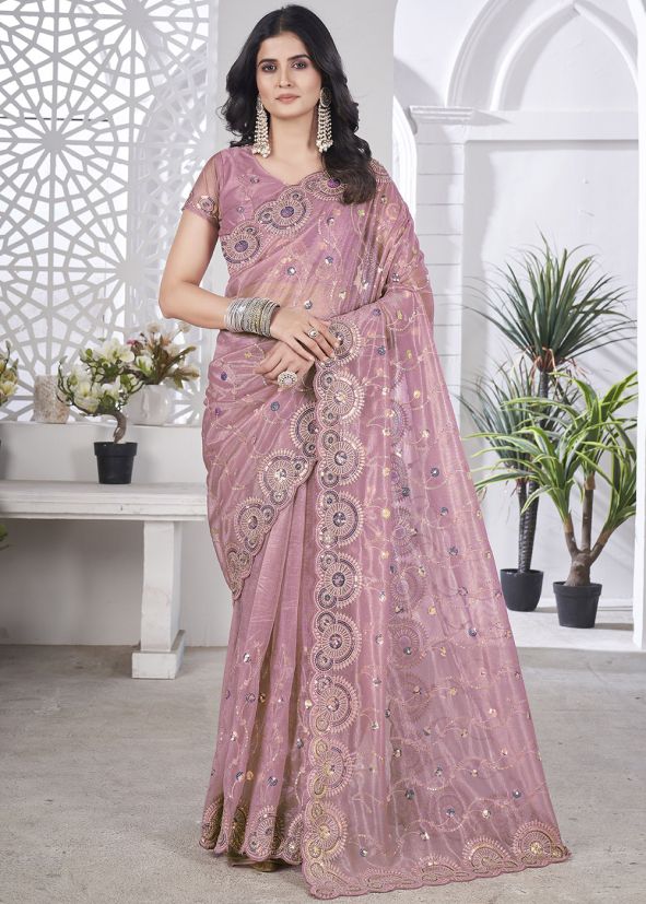 Pink Embroidered Tissue Saree