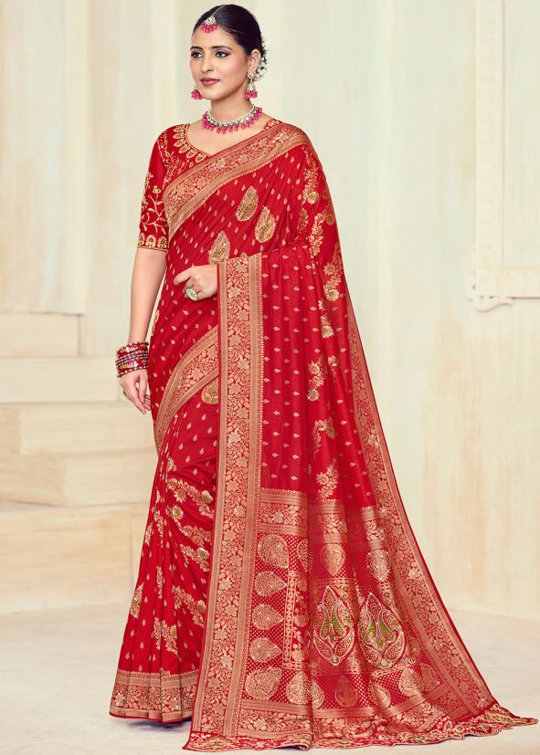 Red Stone Work Saree In Silk