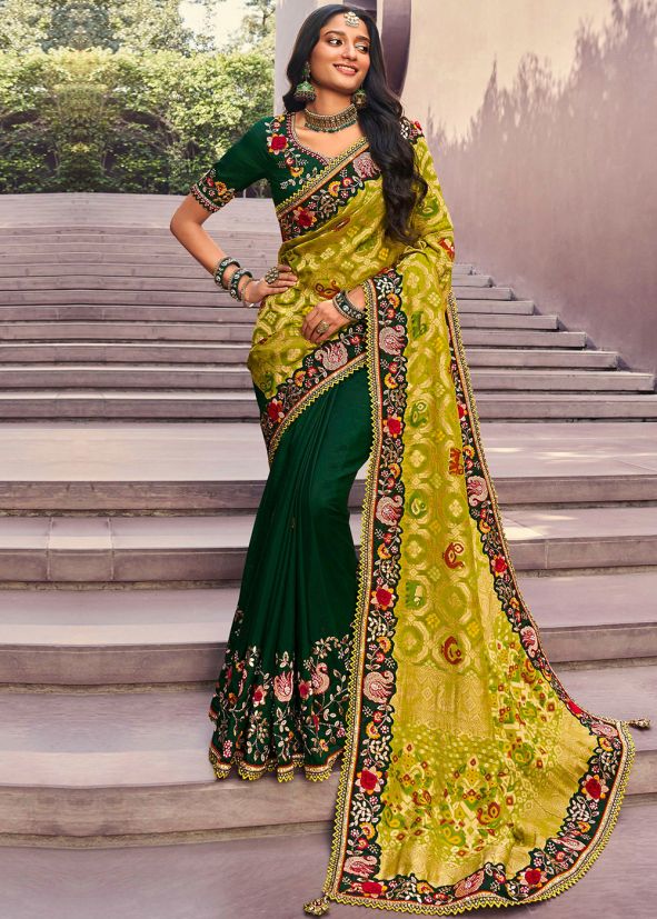 Green Embroidered Half N Half Saree