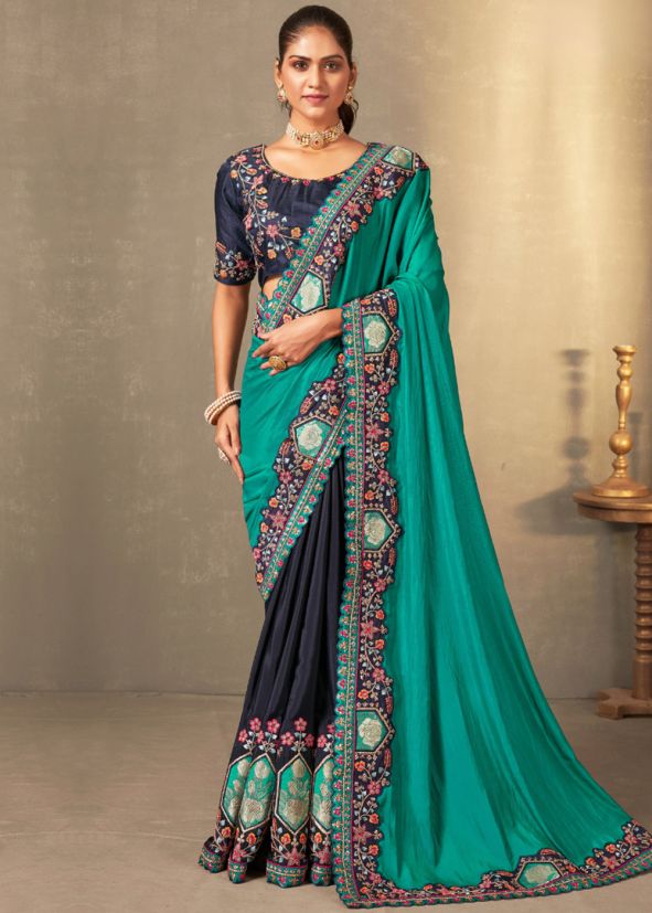 Navy Blue & Turquoise Half Half Saree