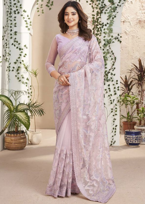 Lavender Net Saree In Sequins Work