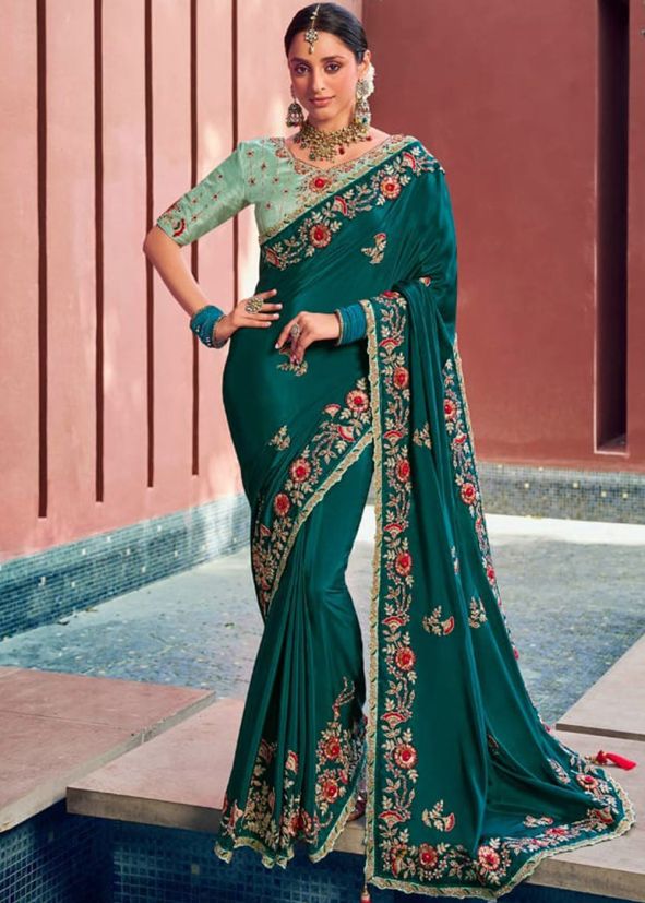 Teal Green Embroidered Border Saree