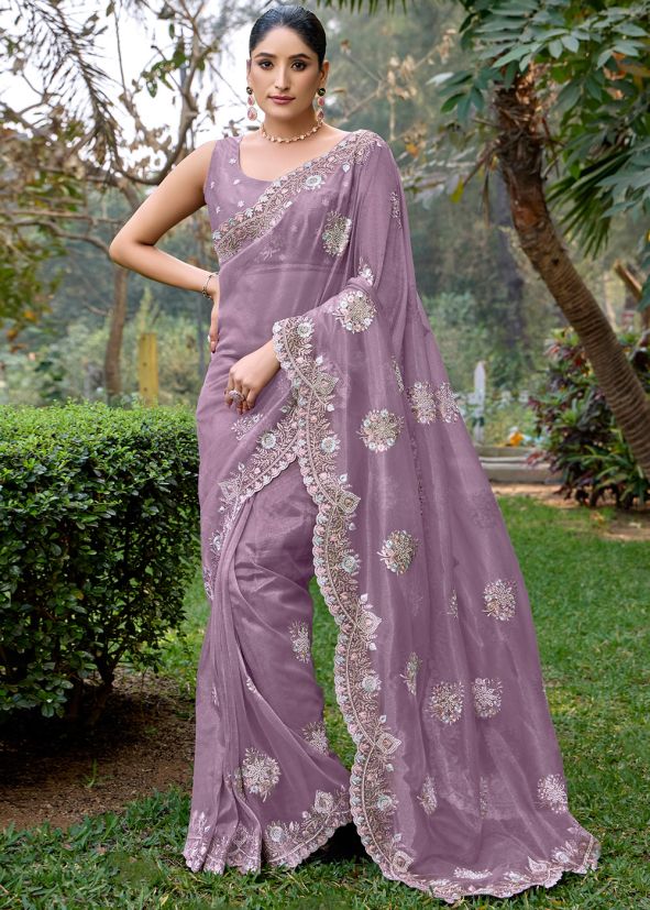 Lavender Net Embroidered Saree & Blouse