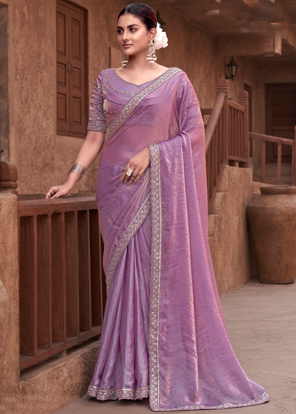 Purple Sequin Work Saree In Satin