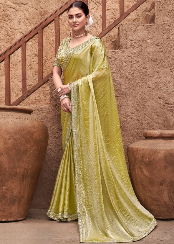 Yellow Sequin Work Saree In Satin