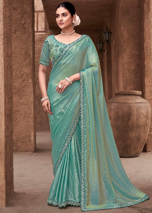 Blue Embroidered Satin Saree