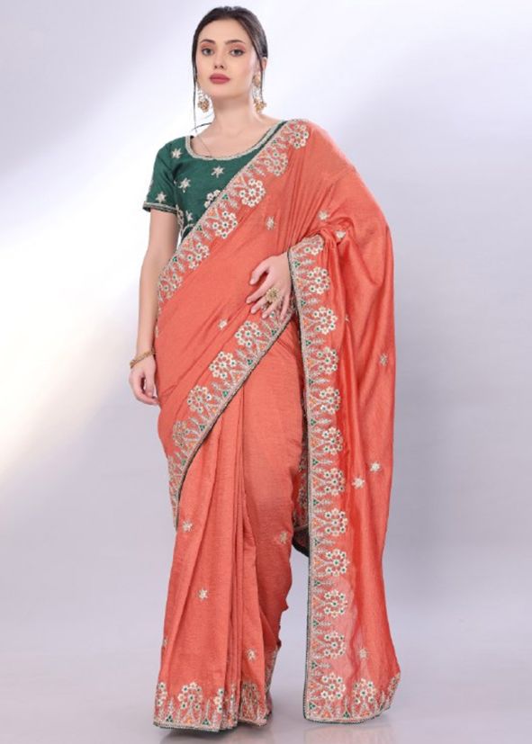 Red Sequin Work Saree In Silk