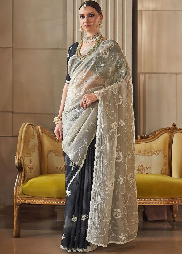 Beige Embroidered Saree In Tissue