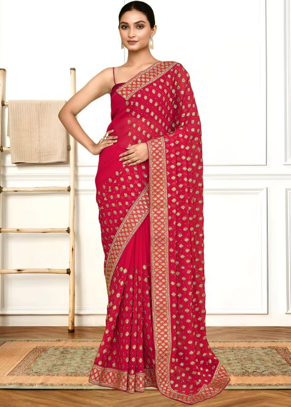 Pink Handwork Saree In Georgette