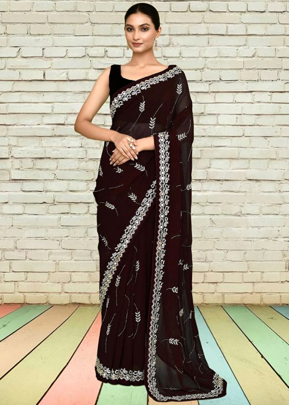 Maroon Handwork Saree In Georgette