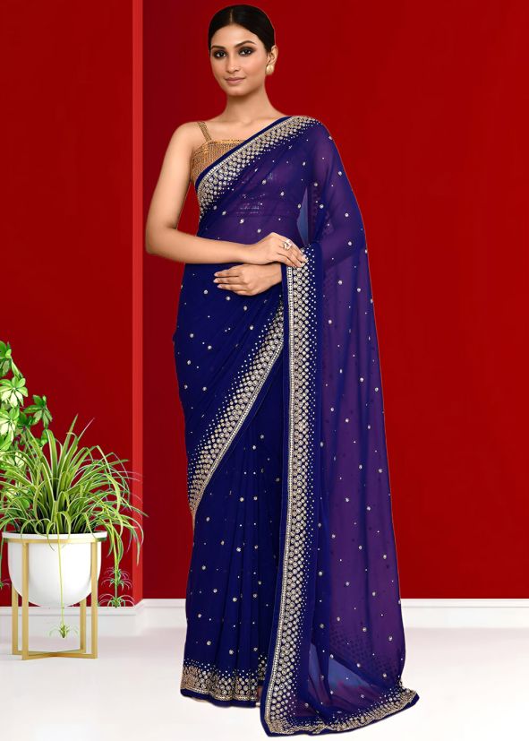 Blue Handwork Saree In Georgette