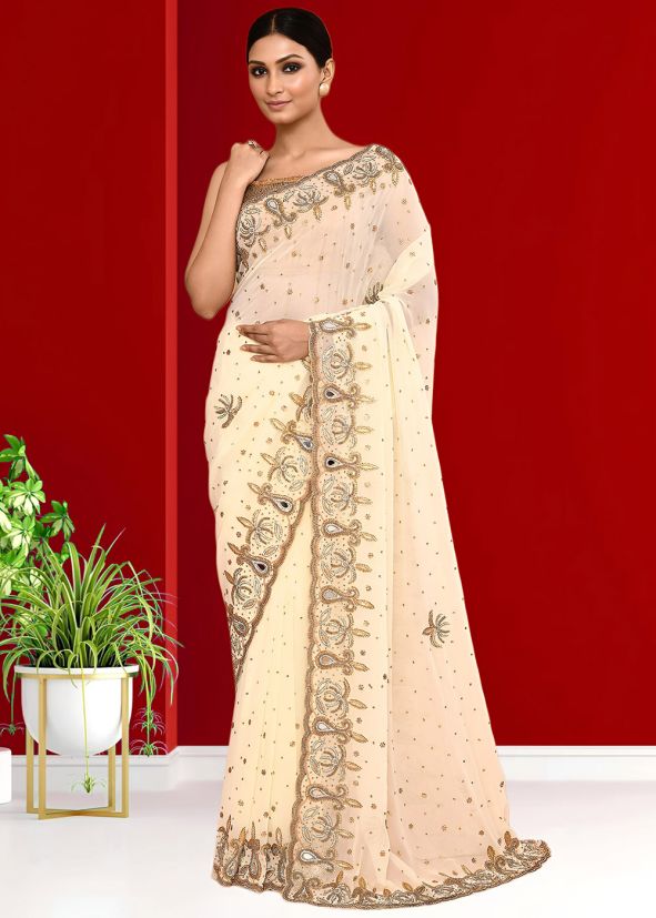 Cream Handwork Saree In Georgette