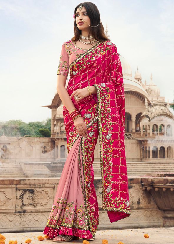 Half N Half Pink Embroidered Saree