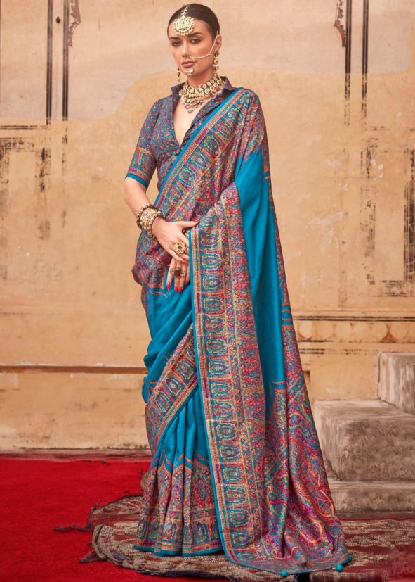 Art Silk Blue Printed Saree