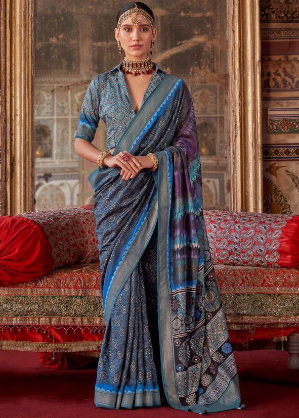 Blue Printed Art Silk Saree