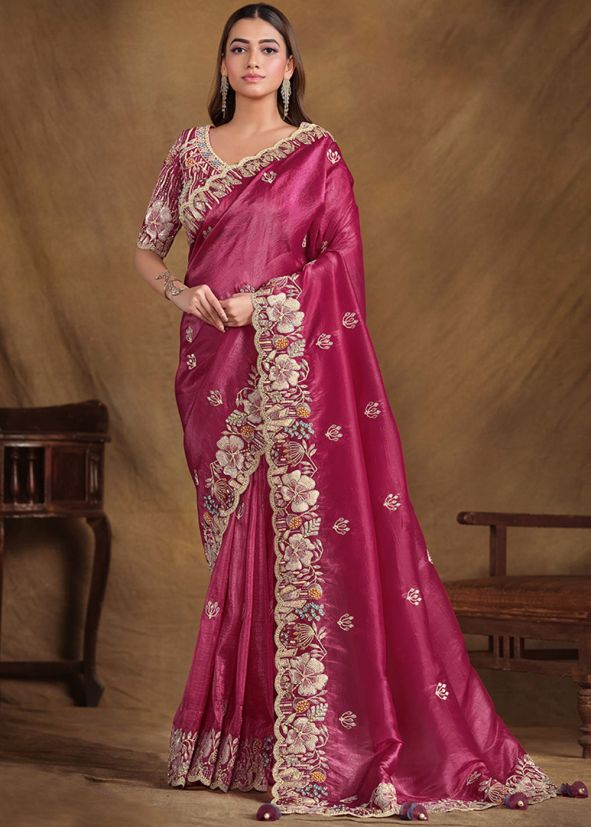 Pink Embroidered Silk Saree