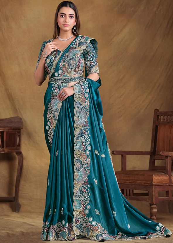 Blue Sequin Work Saree In Satin