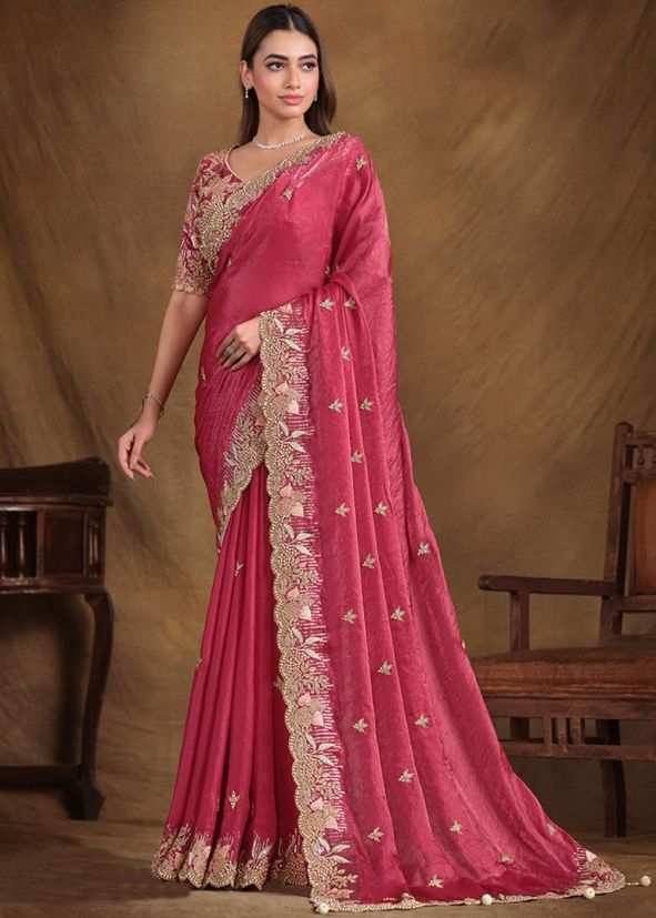 Red Embroidered Satin Saree