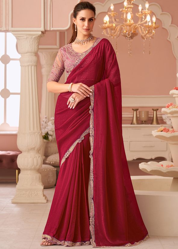 Pink Embroidered Saree In Georgette