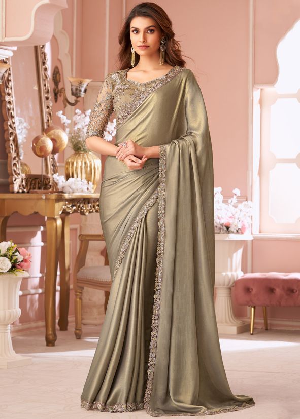 Green Sequins Work Saree In Chiffon