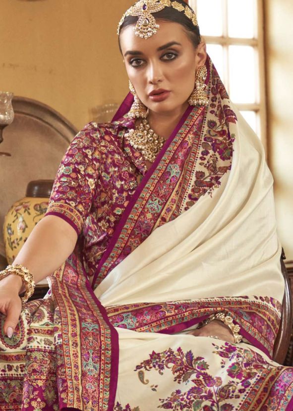 Off White Printed Art Silk Saree