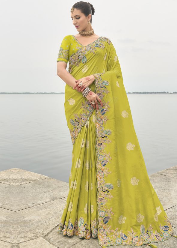 Mehendi Green Embroidered Border Saree