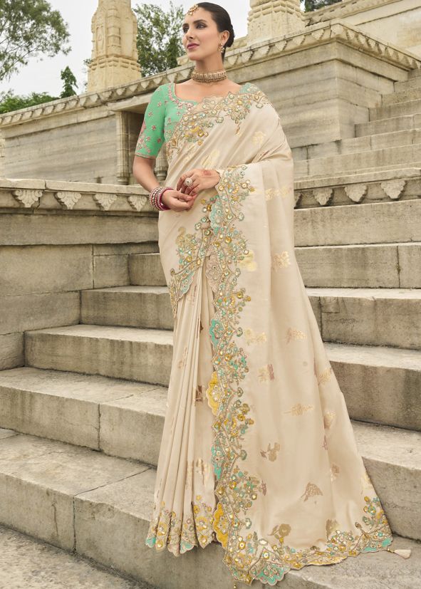 Off White Embroidered Border Silk Saree