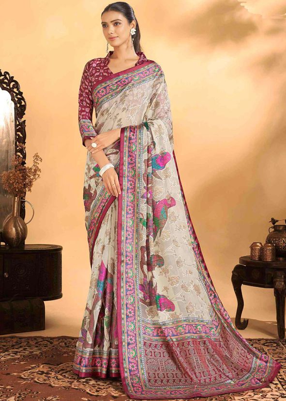 White Georgette Saree In Brasso Work