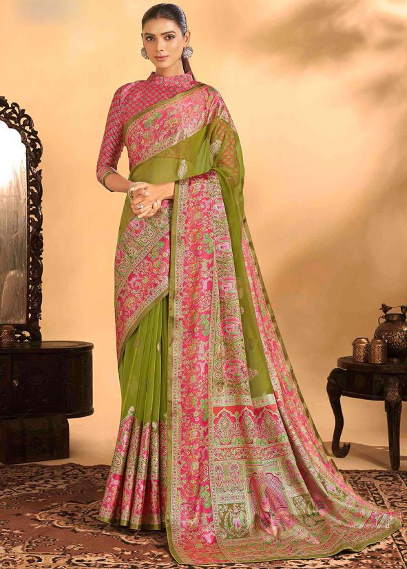 Green Georgette Saree In Brasso Work