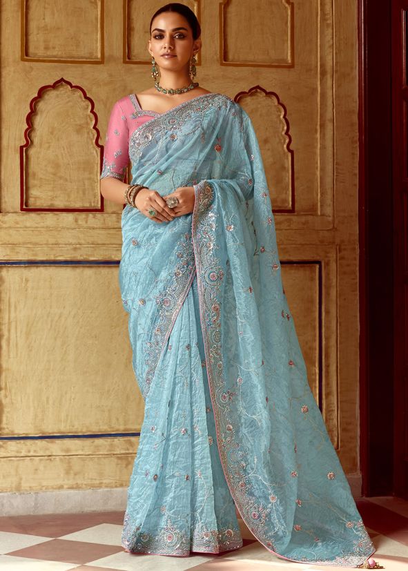 Blue Sequin Work Saree In Silk