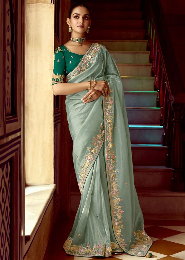 Blue Sequin Work Saree In Silk