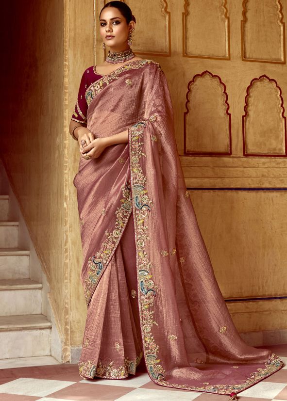 Pink Embroidered Silk Saree
