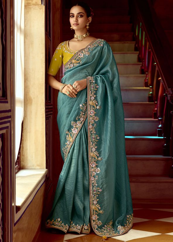 Blue Sequin Work Saree In Silk