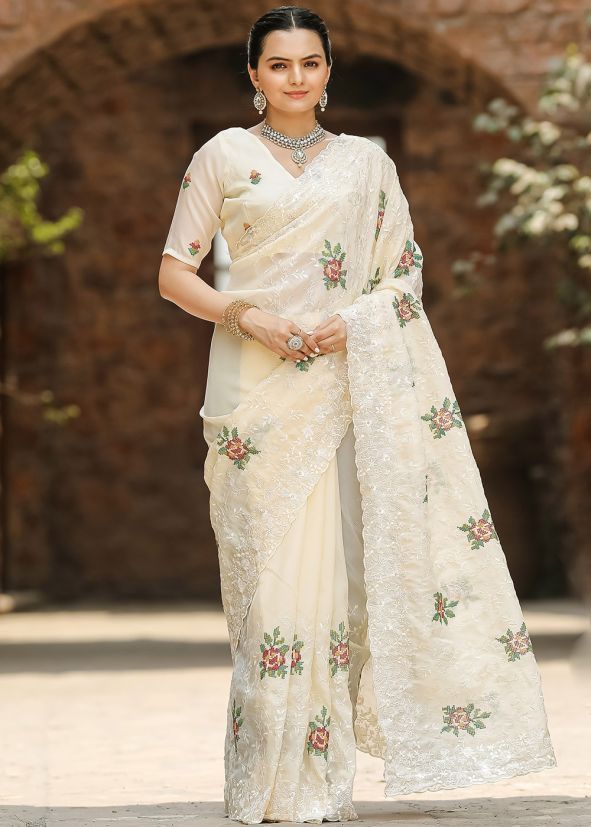 Cream Embroidered Chiffon Saree