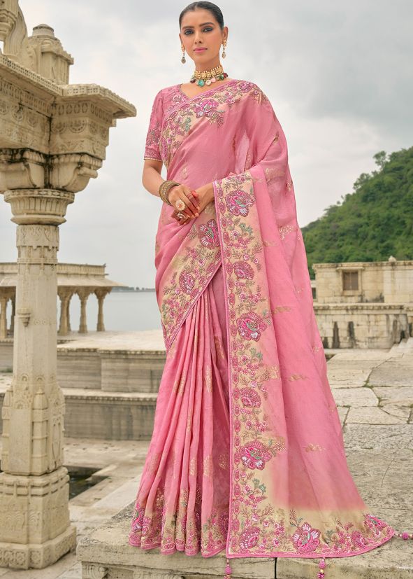 Pink Sequin Work Saree In Dola Silk