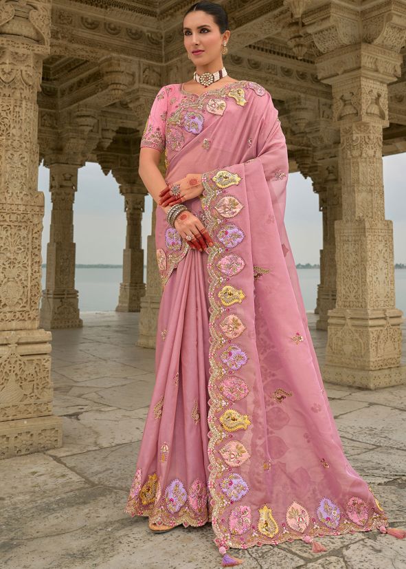 Pink Sequin Work Saree In Dola Silk