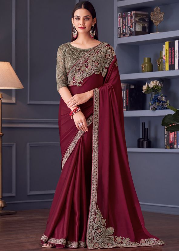 Maroon Embroidered Satin Saree