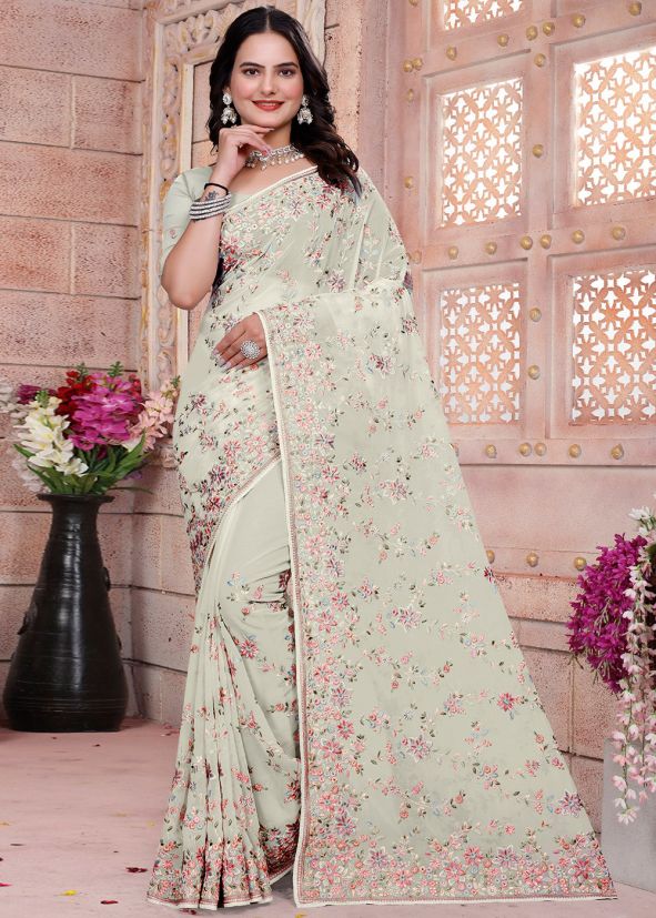 Grey Resham Embroidered Saree